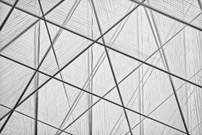 A black and white photo of a glass structure